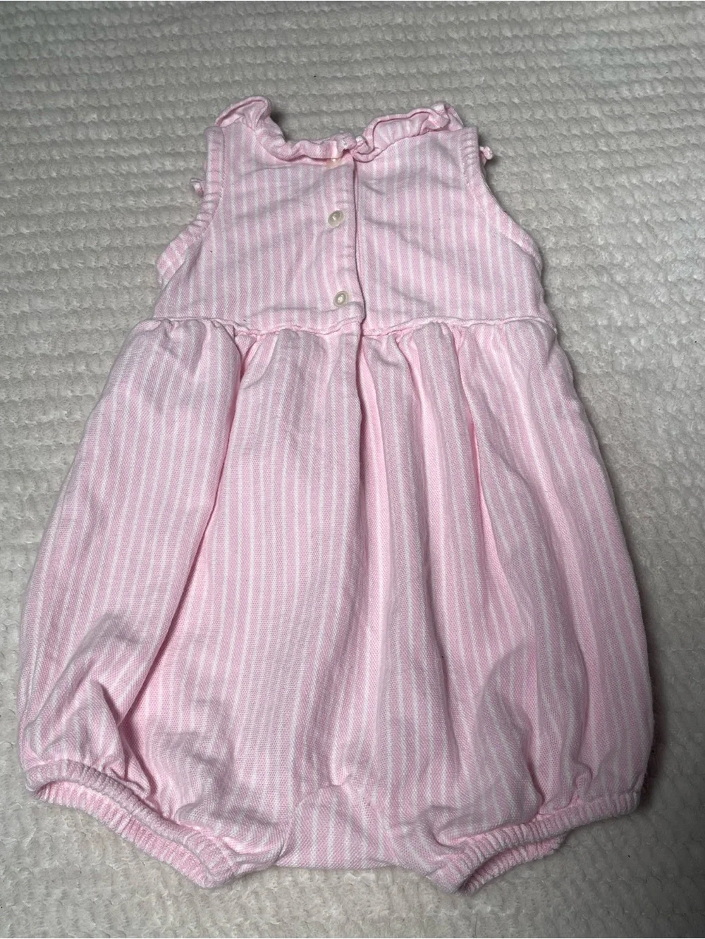 Ralph Lauren Pink and‎ White Striped Ruffle Bubble Romper 100% cotton